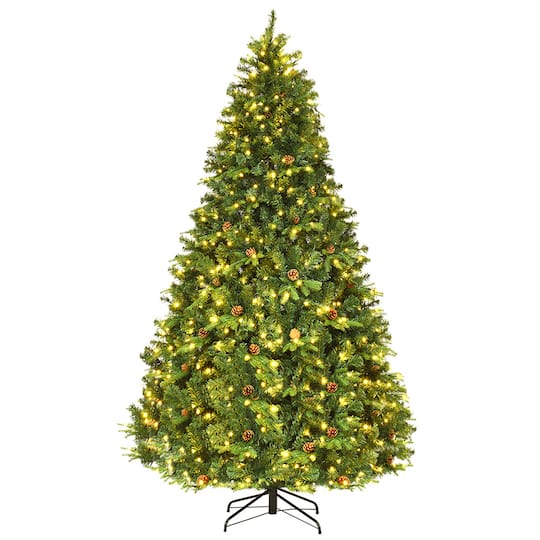 Costway 8ft. Pre-Lit Pinecones Hinged Artificial Christmas Tree, Warm White LED Lights